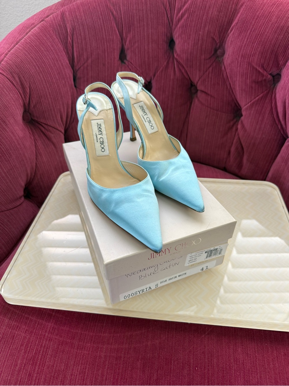 Jimmy Choo Light Blue Satin Pointed Slingback Pumps